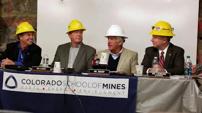 U.S. Congressmen Ed Perlmutter, D-Colo., Cresent Hardy, R-Nev., Rob Bishop, R-Utah, and Doug Lamborn, R-Colo., sit together during a House subcommittee meeting inside the Edgar Mine in Idaho Springs, CO. The subcommittee heard testimony on a bill to make sure up to $2 million a year from an existing mine program goes to training engineers. (AP Photo/Dan Elliott)