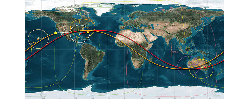 Image above illustrates COTS Demo 1 mission orbital path. The yellow triangle over the Atlantic ocean marks Dragon’s initial separation from Falcon 9, and the yellow square off the Western coast of the United States marks the location where Dragon landed. (Courtesy of SpaceX)