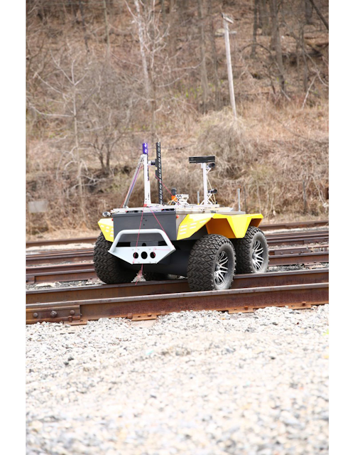 An Early prototype of GE Guardian Rail Robot – GE is developing a new platform to optimize the management and inspection of railroad assets. This will help increase reliability and the speed at which rail cars move through the rail network. Image credit: GE Global Research