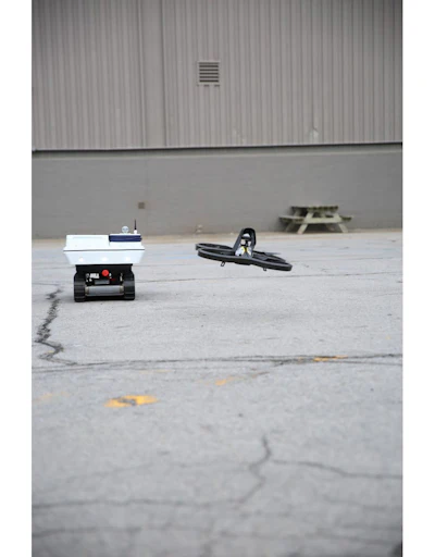 The robotics team at GE Global Research are developing multi-robot teams that work together on various industrial tasks. Here, two robots work in tandem to perform field inspections. Image credit: GE Global Research