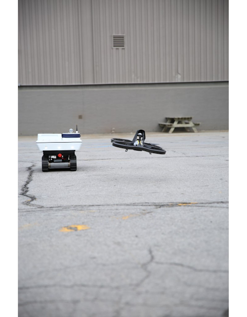 The robotics team at GE Global Research are developing multi-robot teams that work together on various industrial tasks. Here, two robots work in tandem to perform field inspections. Image credit: GE Global Research