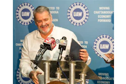 Mike Cantrell, the president of UAW Local 42, speaks about the union’s win in an election among skilled-trades workers at the Volkswagen plant in Chattanooga, Tenn., on Friday, Dec. 4, 2015. The maintenance workers voted 108-44 to be represented by the UAW in collective bargaining negotiations. (AP Photo/Erik Schelzig)