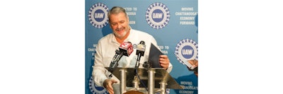 Mike Cantrell, the president of UAW Local 42, speaks about the union’s win in an election among skilled-trades workers at the Volkswagen plant in Chattanooga, Tenn., on Friday, Dec. 4, 2015. The maintenance workers voted 108-44 to be represented by the UAW in collective bargaining negotiations. (AP Photo/Erik Schelzig)