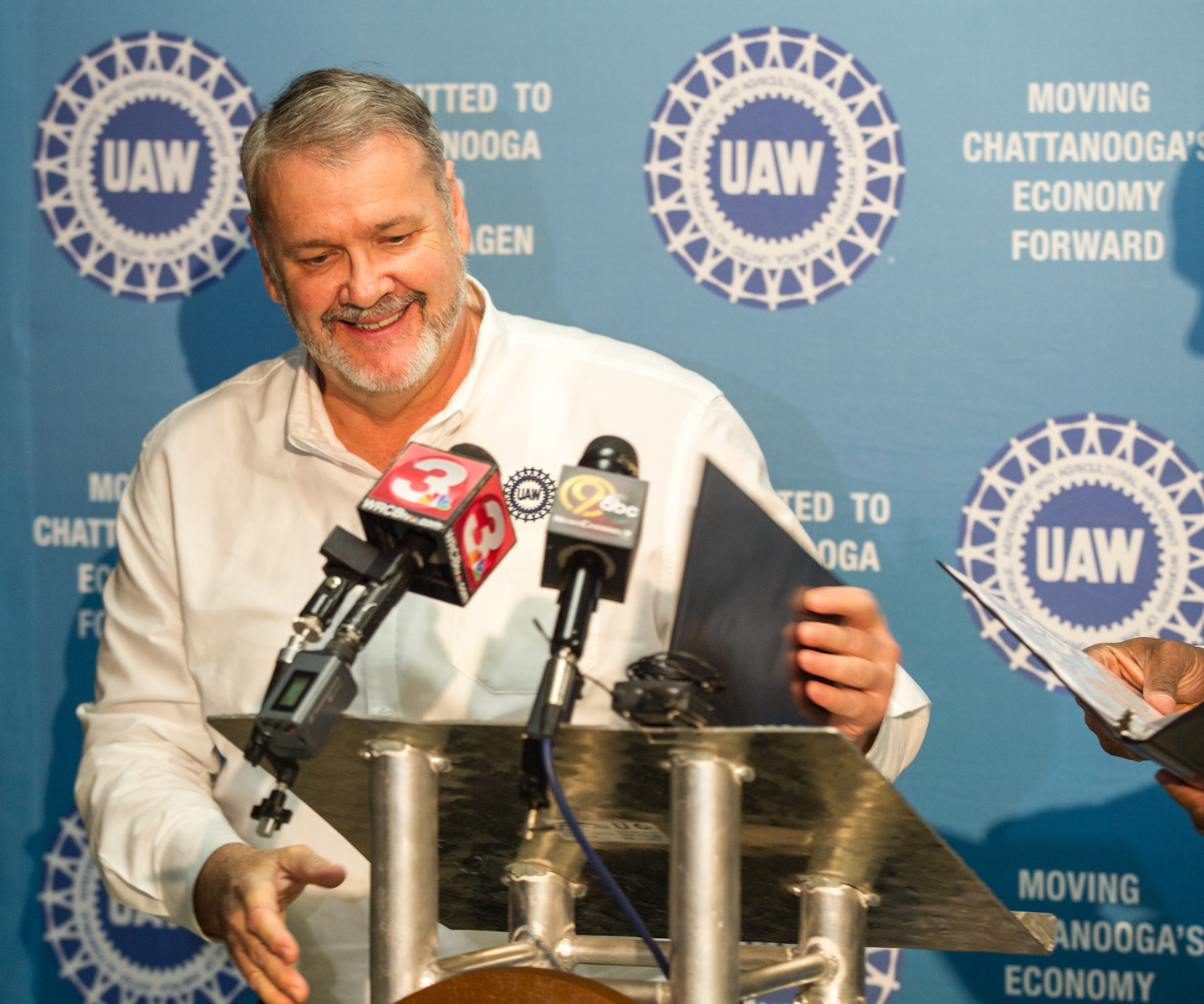 Mike Cantrell, the president of UAW Local 42, speaks about the union’s win in an election among skilled-trades workers at the Volkswagen plant in Chattanooga, Tenn., on Friday, Dec. 4, 2015. (AP Photo/Erik Schelzig)