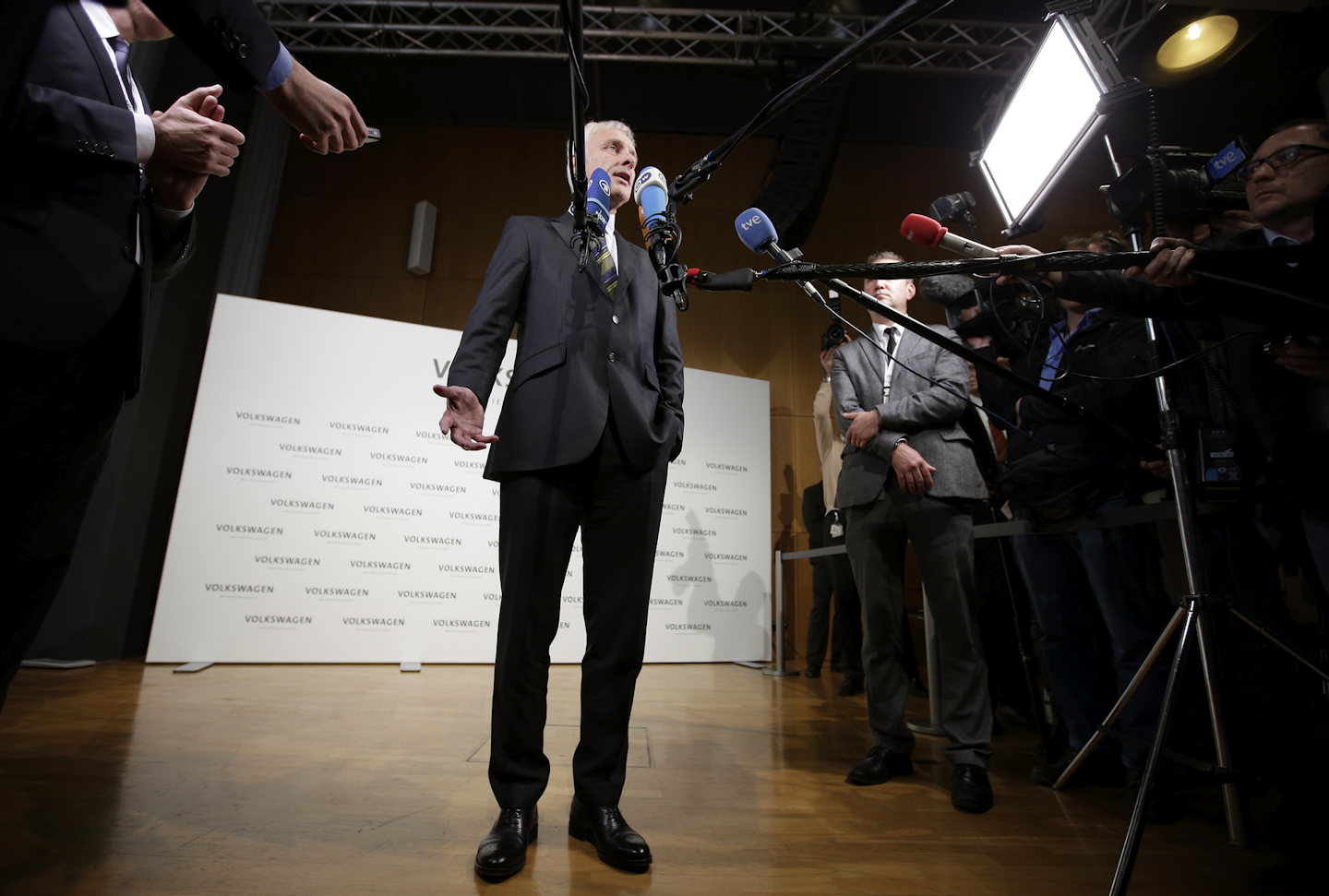 Matthias Mueller, CEO of Volkswagen, talks to the media after a press conference of the German car manufacturer Volkswagen in Wolfsburg, Germany, Thursday, Dec. 10, 2015. (AP Photo/Michael Sohn)