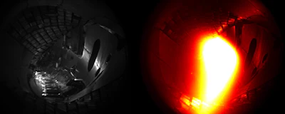On the left, inside of the empty stellarator tunnel. On the right, a flash of plasma at 1 million degrees Celsius. (Image credit: Institute for Plasma Physics)