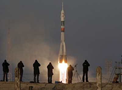 The Soyuz-FG rocket booster with Soyuz TMA-19M space ship carrying a new crew to the International Space Station, ISS, blasts off at the Russian leased Baikonur cosmodrome, Kazakhstan, Tuesday, Dec. 15, 2015. The Russian rocket carries British astronaut Tim Peake, Russian cosmonaut Yuri Malenchenko and U.S. astronaut Tim Kopra. (AP Photo/Dmitry Lovetsky)