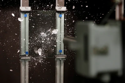 An ice ball breaks up after hitting a sample of Corning Inc.'s Gorilla Glass at the Dearborn Development Center in Dearborn, Mich. Ford says the glass is more durable and scratch-resistant than traditional glass. It’s also about 30 percent lighter, which saves fuel and improves the vehicle’s handling. (AP Photo/Carlos Osorio)