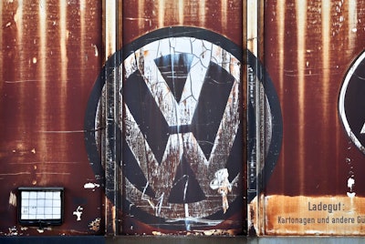 A Volkswagen logo is seen on a freight car at the VW factory in Zwickau, Germany. (Jan Woitas/dpa via AP)