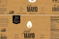 This photo provided by Hampton Creek shows a photo combination of the current Just Mayo label, top, and the new Just Mayo label, bottom. After months of negotiations, Just Mayo’s maker Hampton Creek says it has worked out an agreement with the Food and Drug Administration that lets the eggless spread keep its name, as long as a few changes are made to its label. (Hampton Creek via AP)