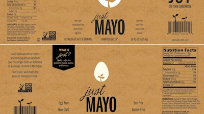 This photo provided by Hampton Creek shows a photo combination of the current Just Mayo label, top, and the new Just Mayo label, bottom. After months of negotiations, Just Mayo’s maker Hampton Creek says it has worked out an agreement with the Food and Drug Administration that lets the eggless spread keep its name, as long as a few changes are made to its label. (Hampton Creek via AP)