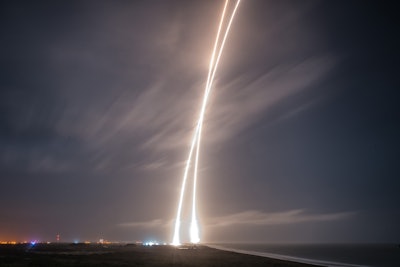 A long-exposure image capturing the rocket's takeoff and landing. (Image credit: SpaceX)