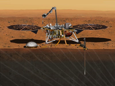 This August 2015 artist's rendering provided by NASA/JPL-Caltech depicts the InSight Mars lander studying the interior of Mars. The spacecraft, which is scheduled to launch for Mars in March 2016, has a leak that could delay the mission. On Thursday, Dec. 3, 2015, NASA said that the leak is in one of two prime science instruments. (NASA/JPL-Caltech via AP)