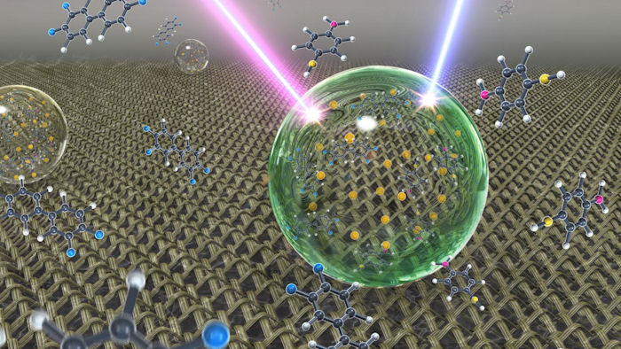 This is an artistic illustration showing an ultrasensitive detection platform termed slippery liquid infused porous surface-enhanced Raman scattering (SLIPSERS). In this platform, an aqueous or oil droplet containing gold nanoparticles and captured analytes is allowed to evaporate on a slippery substrate, leading to the formation of a highly compact nanoparticle aggregate for surface enhanced Raman scattering (SERS) detection. Credit: Shikuan Yang, Birgitt Boschitsch Stogin, and Tak-Sing Wong/Penn State