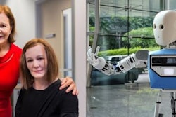 At left, Nadia Thalmann, left, shows her 'Nadine' social robot at Nanyang Technological University. At right, the EDGAR telepresence platform enables long-distance communication. Image credit: NTU