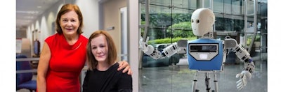 At left, Nadia Thalmann, left, shows her 'Nadine' social robot at Nanyang Technological University. At right, the EDGAR telepresence platform enables long-distance communication. Image credit: NTU