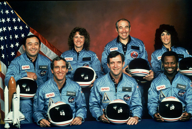 This photo provided by NASA shows the crew of the Space Shuttle Challenger mission 51L. All seven members of the crew were killed when the shuttle exploded during launch on Jan. 28, 1986. Front row from left are Michael J. Smith, Francis R. (Dick) Scobee, and Ronald E. McNair. Front row from left are Ellison Onizuka, Christa McAuliffe, Gregory Jarvis, and Judith Resnik. (NASA via AP)