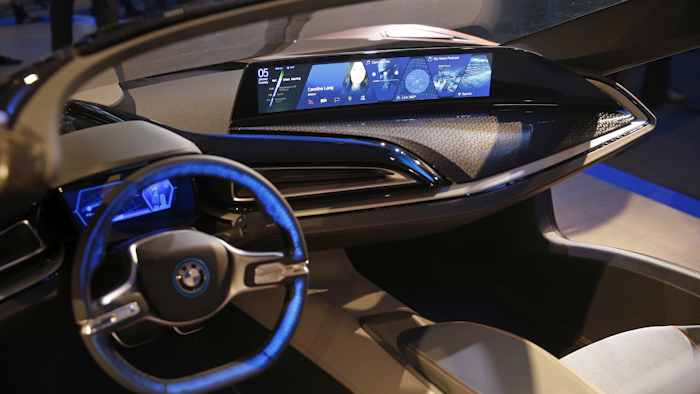 The dashboard of the BMW i Vision Future Interaction concept car is on display during a news conference at CES Press Day at CES International, Tuesday, Jan. 5, 2016, in Las Vegas. (AP Photo/John Locher)