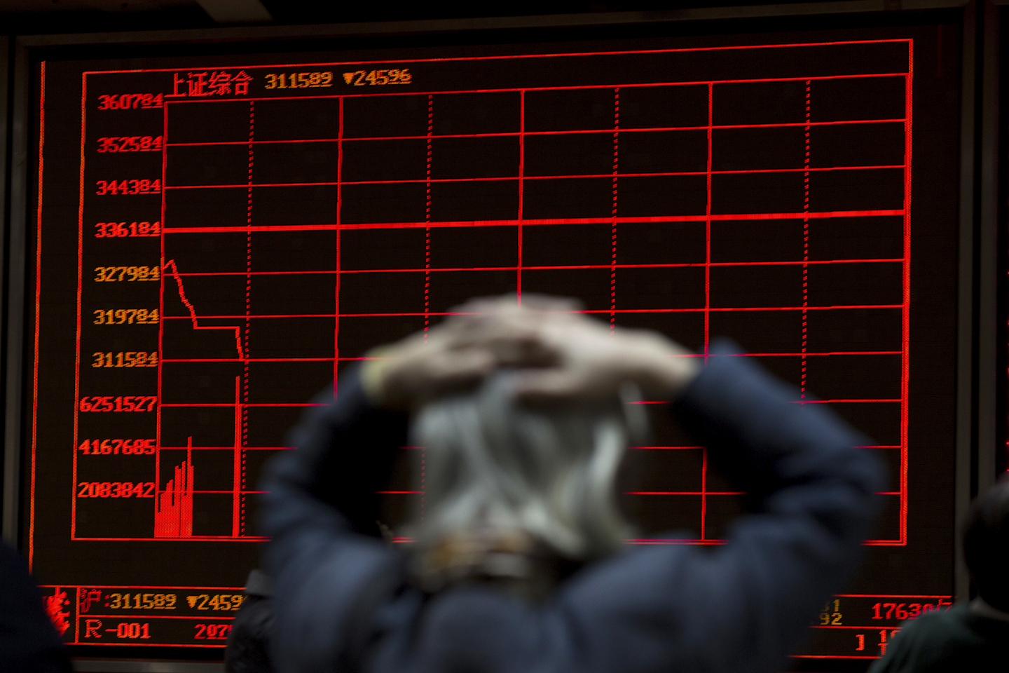 A woman reacts near a display board showing the plunge in the Shanghai Composite Index at a brokerage in Beijing, China. (AP Photo/Ng Han Guan)