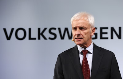 Volkswagen AG chief executive officer Matthias Müller speaks in Detroit, Sunday, Jan. 10, 2016. (AP Photo/Paul Sancya)