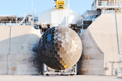 The Death Star-like turbulence control structure (TCS) streamlines the air flowing inside a jet engine during testing. (Image credit: GE Reports)