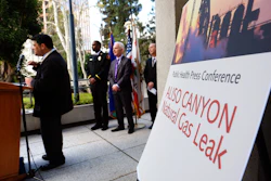 Chief Physician Cyrus Rangan director of the county Bureau of Toxicology & Environmental Assessment, left joins other health and county fire officials during a news conference on the Aliso Canyon storage facility gas leak on Wednesday. (AP Photo/Richard Vogel)
