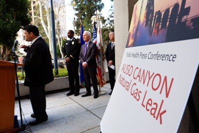Chief Physician Cyrus Rangan director of the county Bureau of Toxicology & Environmental Assessment, left joins other health and county fire officials during a news conference on the Aliso Canyon storage facility gas leak on Wednesday. (AP Photo/Richard Vogel)