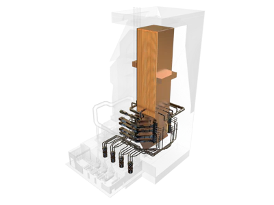 The boiler, in brown, pressurizes and heats the water to 1,112 degrees Fahrenheit (600 Celsius). At very high pressure and temperature, water becomes a supercritical fluid, a phenomenon where it no longer has specific liquid and gas phases. (Image credit: GE Power)