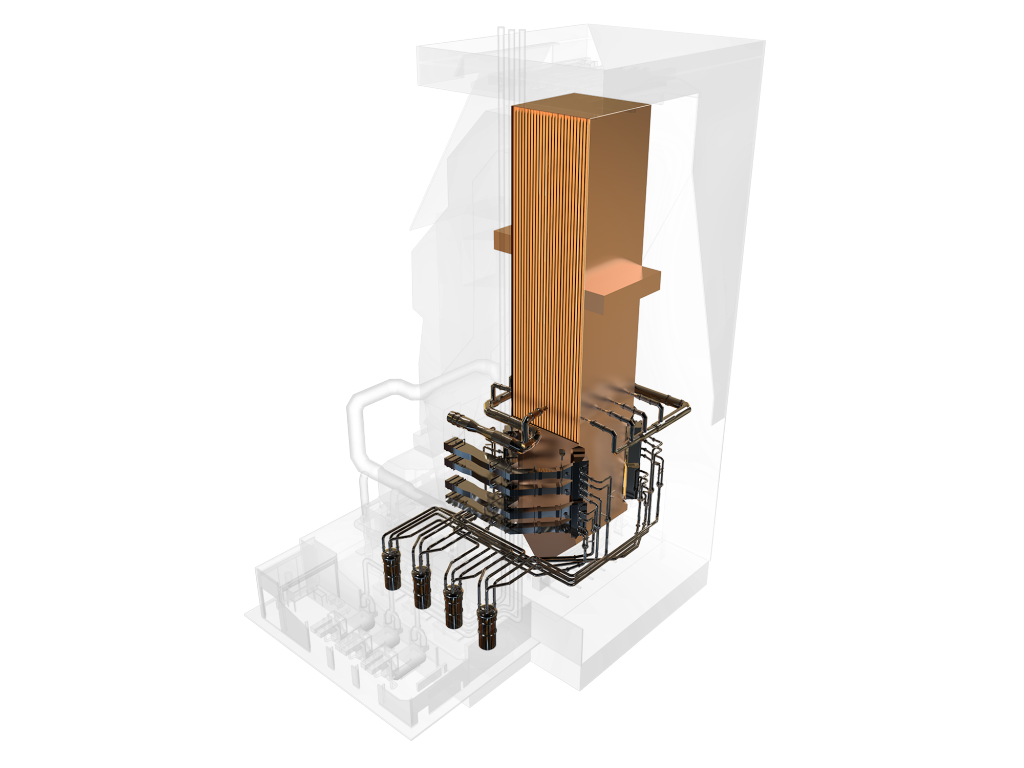 The boiler, in brown, pressurizes and heats the water to 1,112 degrees Fahrenheit (600 Celsius). At very high pressure and temperature, water becomes a supercritical fluid, a phenomenon where it no longer has specific liquid and gas phases. (Image credit: GE Power)