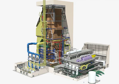 A 3D rendition of the power plant. The boiler is brown, the horizontal water feeder white and the ultra supercritical turbine is purple. The generator (in yellow) is attached to the turbine. It can produce 912 megawatts. (Image credit: GE Power)