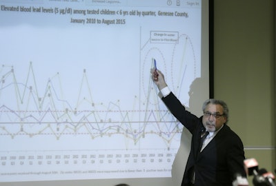 Attorney Michael Pitt points to a graphic and highlights the elevated blood lead levels in children, during the period when the city of Flint changed their water source. (AP Photo/Carlos Osorio)