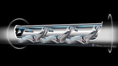 This rendering provided by SpaceX shows a Hyperloop passenger transport capsule within a tube, that would zoom passenger capsules through elevated tubes. (SpaceX via AP, File)