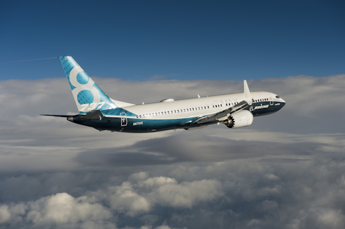 The 737 MAX powered by a pair of LEAP engines during its maiden flight on Friday. Image credit: Boeing