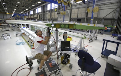 In this Sept. 3, 2015, file photo, a Boeing employee works on a horizontal stabilizer for a Boeing 787 Dreamliner, at Boeing in Salt Lake City. On Wednesday, Feb. 17, 2016, the Federal Reserve reports on industrial production for January. (AP Photo/Rick Bowmer, File)