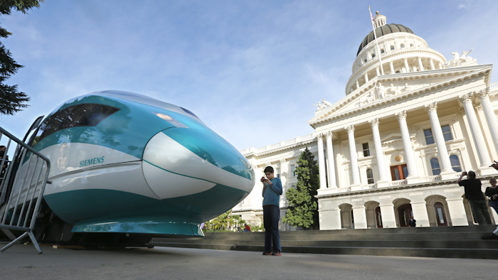 A full-scale mock-up of a high-speed train is displayed at the Capitol in Sacramento, Calif. (AP Photo/Rich Pedroncelli, File)