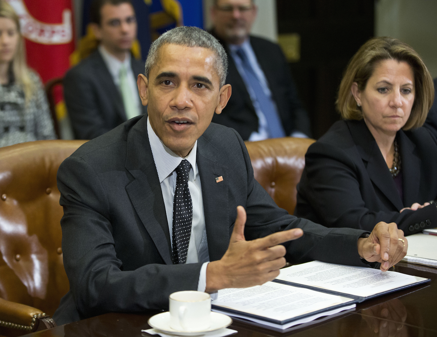 President Barack Obama meets with members of this national security team and cybersecurity advisers in the Roosevelt Room of the White House in Washington,Tuesday, Feb. 9, 2016. (AP Photo/Pablo Martinez Monsivais)