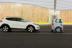 A vehicle closes in on a Strikeable Surrogate Vehicle (SSV) at the IIHS Vehicle Research Center in Ruckersville, Va. (Insurance Institute for Highway Safety via AP)
