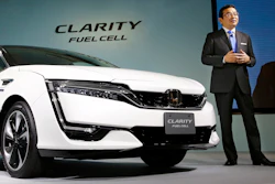 Honda Motor Co. President and Chief Executive Takahiro Hachigo speaks during a press conference in the media preview of the Clarity Fuel Cell at the automaker's headquarters in Tokyo, Thursday, March 10, 2016. Honda has rolled out a new fuel cell vehicle, the first of its kind to be a five-seater. The zero-emissions Clarity may not sell in big numbers, however, given its price tag of 7.66 million yen ($67,000). (AP Photo/Shizuo Kambayashi)