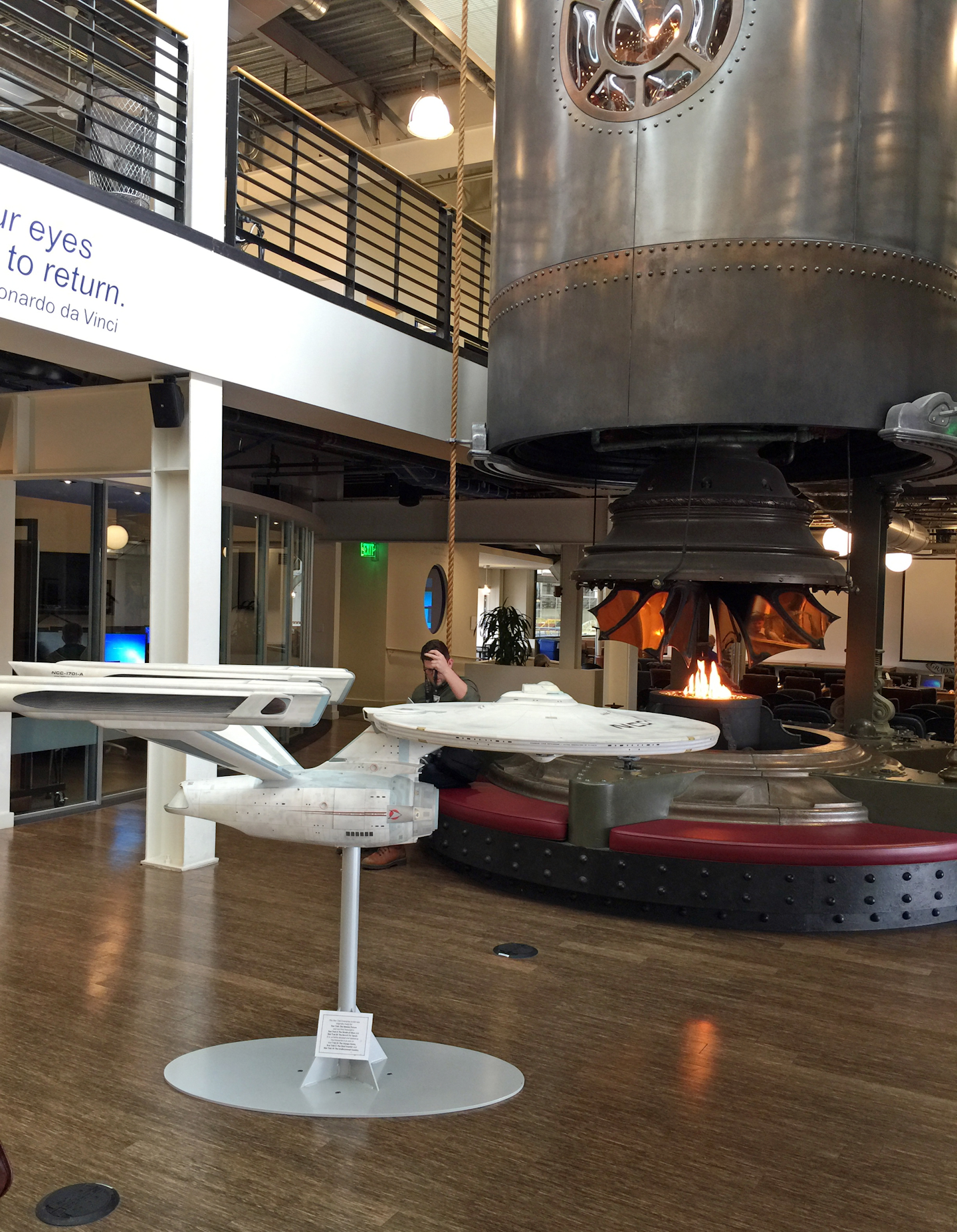 Space memorabilia, including a model of the Enterprise from Star Trek, foreground, and a Jules Vern-type space vessel, are seen in the lobby of space venture company Blue Origin, Tuesday, March 8, 2016, in Kent, Wash. (AP Photo/Donna Blankinship)