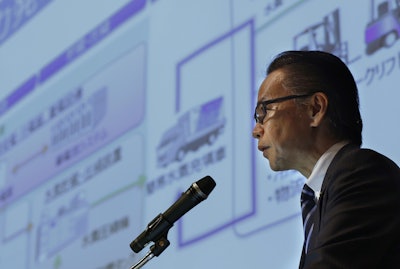 Toyota Motor Corporation senior managing officer Shigeki Tomoyama speaks during a press conference of Hydrogen Supply Chain Demonstration Project in Yokohama Monday, March 14, 2016.