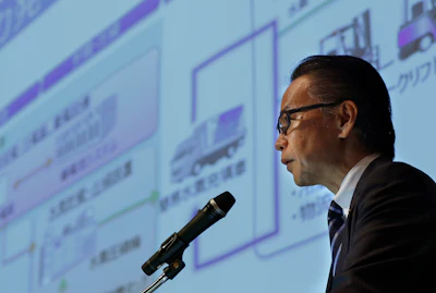 Toyota Motor Corporation senior managing officer Shigeki Tomoyama speaks during a press conference of Hydrogen Supply Chain Demonstration Project in Yokohama Monday, March 14, 2016.