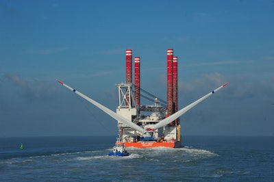 An offshore wind farm with a Haliade wind turbine in the North Sea. Above: Parts of a Haliade rotor are heading out to sea in Europe. (Image credit: GE Renewable Energy)