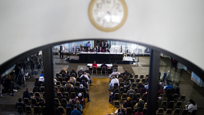 Flint City Councilmen give testimony in front of Michigan's special Joint Committee on the Flint Water Public Health Emergency on Tuesday, March 29, 2016, at the Northbank Center in downtown Flint, Mich. (Jake May/The Flint Journal-MLive.com via AP