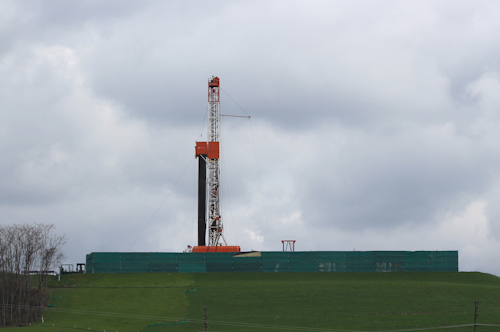 This April 1, 2016, photo shows a shale gas drilling rig in Washington, Pa. Only 17 rigs are actively exploring in Pennsylvania, down from a high of 115 in 2011 and the fewest since December 2007, amid a prolonged industry slump. (AP Photo/Michael Rubinkam)