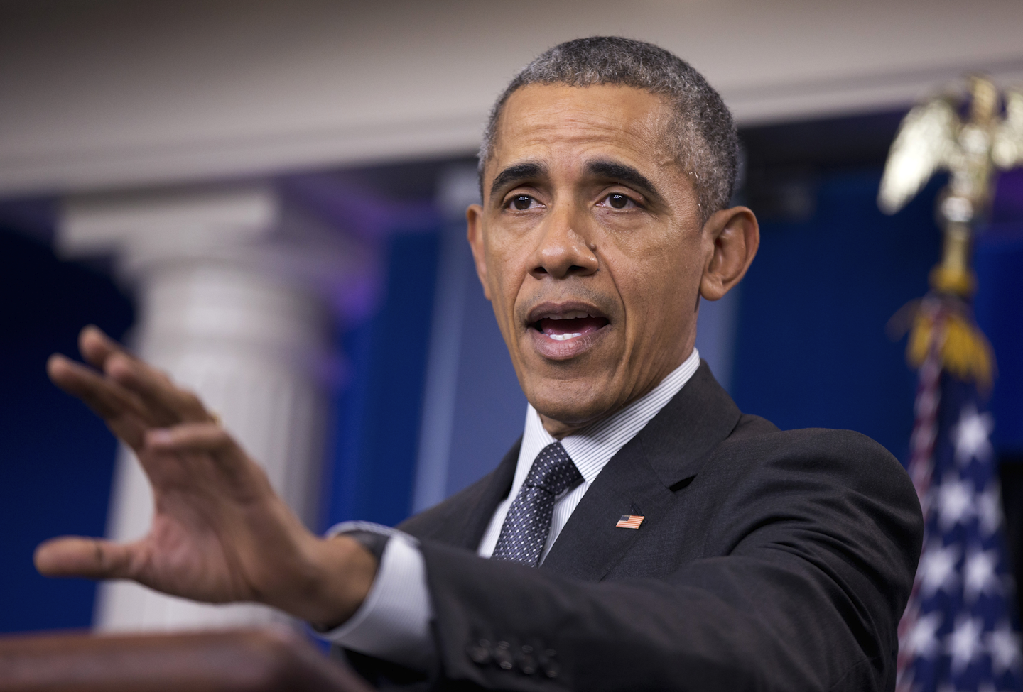 President Barack Obama speaks about the new rules aimed at deterring tax inversions, Tuesday, April 5, 2016, in the Brady Press Briefing Room at the White House in Washington. (AP Photo/Manuel Balce Ceneta)