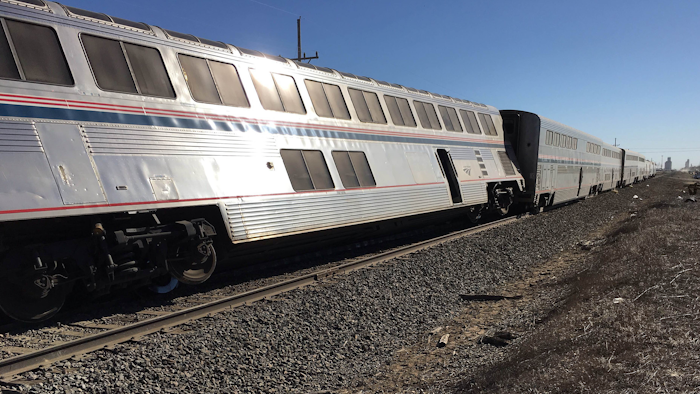 An Amtrak train derailed in southwest Kansas early Monday, March 14, 2016, injuring multiple people who were transferred to hospitals in Garden City and Dodge City, according to a release from Amtrak. (Oliver Morrison /The Wichita Eagle via AP)