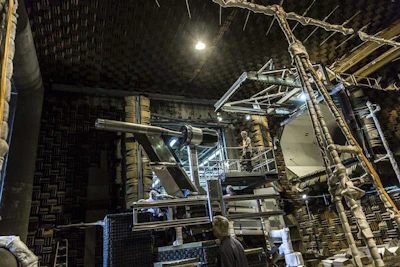 The GE9X carbon fiber blades are tested on a small-scale rig at Boeing. (Image credit: GE Aviation)
