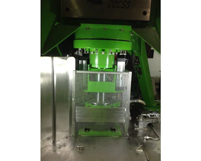 Figure 1: The centrifuge, turning at about 200 rpm, is loaded with 1500 to 1750 kg (3300 to 3850lb) of hot concentrate; it then accelerates to 900 to 1000 rpm to spin out the molasses, leaving the sugar crystals behind. The centrifuge is then slowed to 50 rpm for unloading. The cycle takes about three minutes.