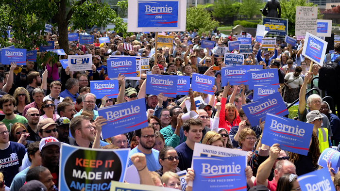 Supporters cheer before Democratic presidential candidate, Sen. Bernie Sanders, I-Vt. speaks during a United Steel Workers Local 1999 rally in Indianapolis, Friday, April 29, 2016. (AP Photo/AJ Mast)