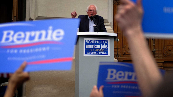 Democratic presidential candidate, Sen. Bernie Sanders speaks during a United Steel Workers Local 1999 rally in Indianapolis, Friday, April 29. (AP Photo/AJ Mast)